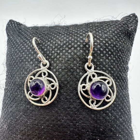 5mm amethyst cabochon dangle earrings in stamped sterling silver! - Picture 6 of 15